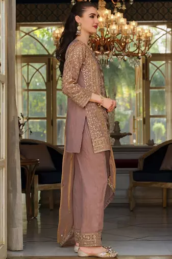 Peach Embroidered Straight Kurta Trousers Dupatta Set