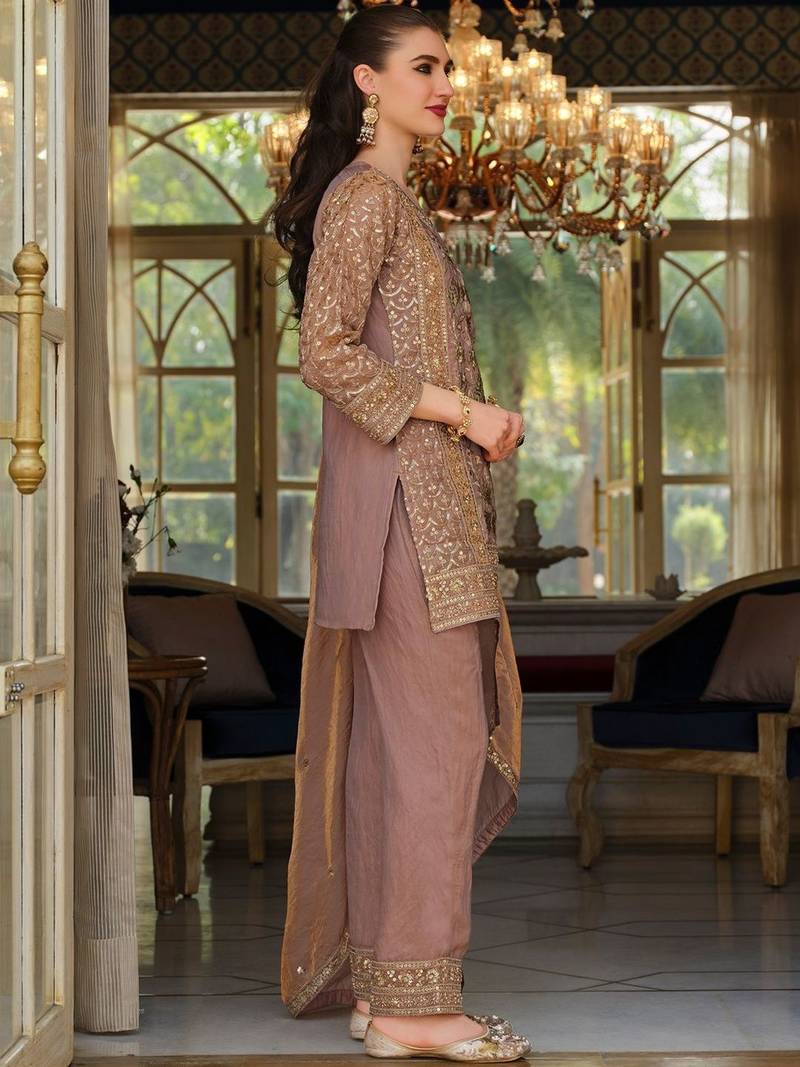 Peach Embroidered Straight Kurta Trousers Dupatta Set