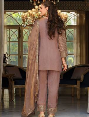 Peach Embroidered Straight Kurta Trousers Dupatta Set 7