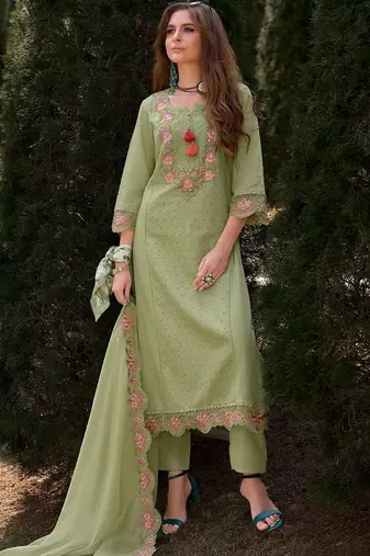 Women Floral Embroidered Regular Thread Work Pure Cotton Kurta with Trousers & With Dupatta