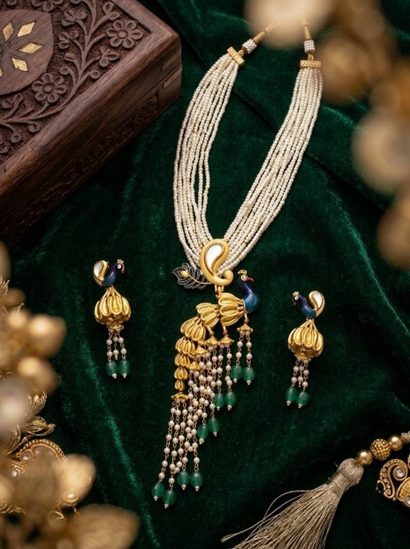 Traditional antique gold plated peacock kundan necklace set with pearl strands & green beads for wedding