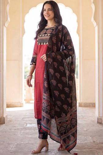 Women Ethnic Motifs Embroidered Regular Mirror Work Pure Cotton Kurta with Trousers & With Dupatta