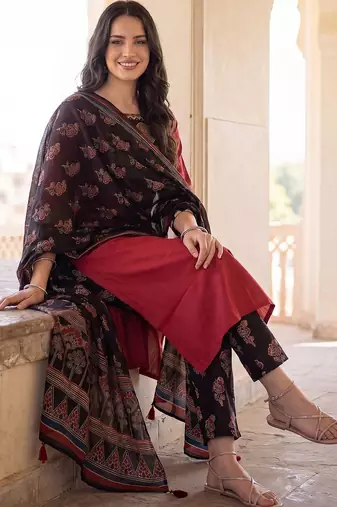 Women Ethnic Motifs Embroidered Regular Mirror Work Pure Cotton Kurta with Trousers & With Dupatta