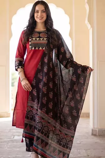 Women Ethnic Motifs Embroidered Regular Mirror Work Pure Cotton Kurta with Trousers & With Dupatta