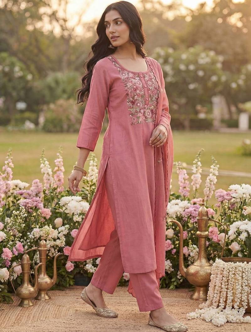 Women Ethnic Motifs Embroidered Regular Thread Work Kurta with Trousers & With Dupatta