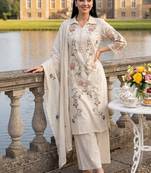 Women Floral Embroidered Regular Thread Work Cotton Kurta With Palazzos & Dupatta