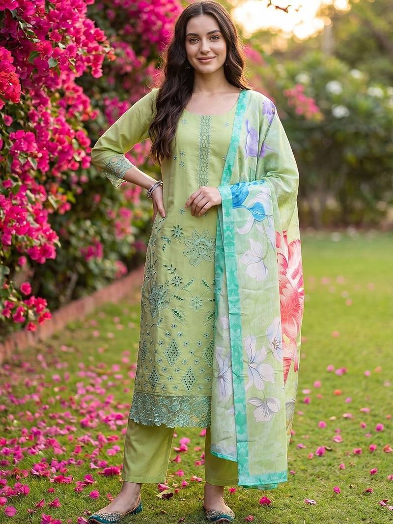 Women Floral Embroidered Regular Thread Work Kurta with Trousers & With Dupatta