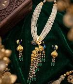 Traditional antique gold plated peacock kundan necklace set with pearl strands & green beads for wedding