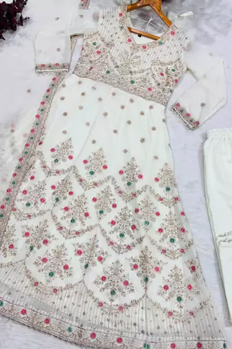 Off white fuax blooming party wear embroidery anarkali suit set