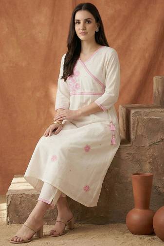 Women Floral Embroidered Angrakha Thread Work Pure Cotton Kurta with Trousers