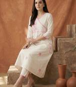 Women Floral Embroidered Angrakha Thread Work Pure Cotton Kurta with Trousers