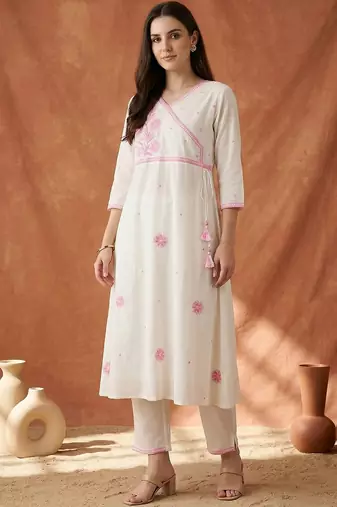Women Floral Embroidered Angrakha Thread Work Pure Cotton Kurta with Trousers