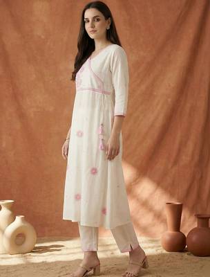 Women Floral Embroidered Angrakha Thread Work Pure Cotton Kurta with Trousers 4