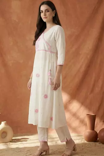 Women Floral Embroidered Angrakha Thread Work Pure Cotton Kurta with Trousers