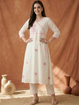 Women Floral Embroidered Angrakha Thread Work Pure Cotton Kurta with Trousers 6
