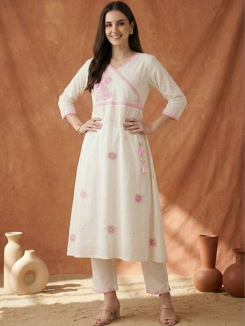 Women Floral Embroidered Angrakha Thread Work Pure Cotton Kurta with Trousers