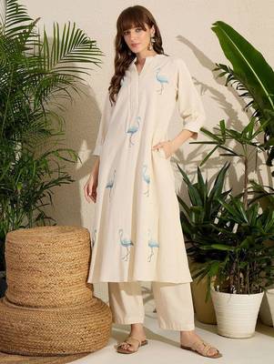 Adults-Women Woven Design Embroidered Cotton A-Line Kurta with Trousers 1