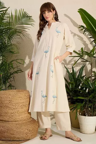 Adults-Women Woven Design Embroidered Cotton A-Line Kurta with Trousers