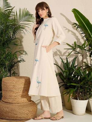 Adults-Women Woven Design Embroidered Cotton A-Line Kurta with Trousers 3