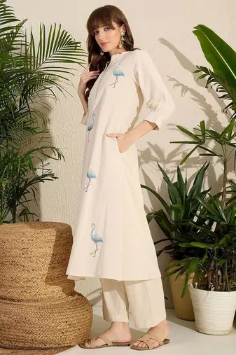 Adults-Women Woven Design Embroidered Cotton A-Line Kurta with Trousers