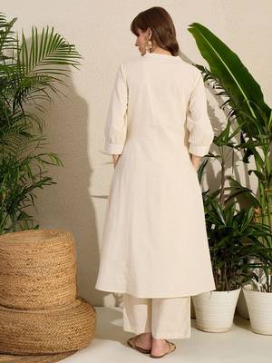 Adults-Women Woven Design Embroidered Cotton A-Line Kurta with Trousers 4