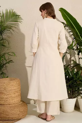 Adults-Women Woven Design Embroidered Cotton A-Line Kurta with Trousers