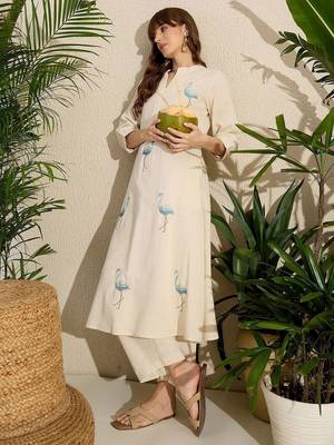 Adults-Women Woven Design Embroidered Cotton A-Line Kurta with Trousers 5