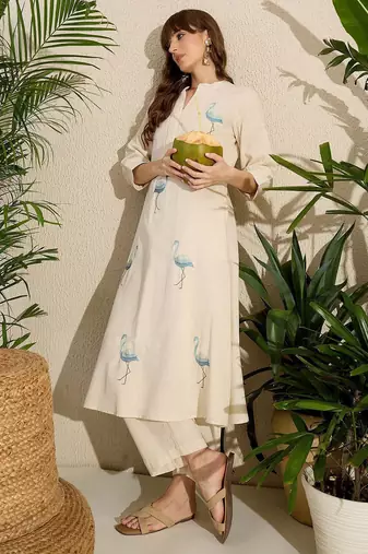 Adults-Women Woven Design Embroidered Cotton A-Line Kurta with Trousers
