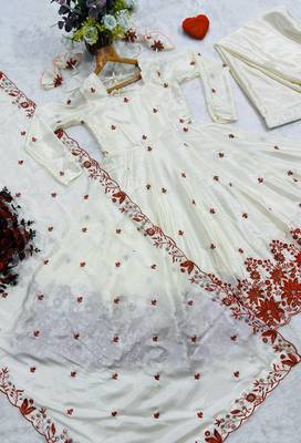 Off white silk blend  party wear embroidery sharara suit set 5
