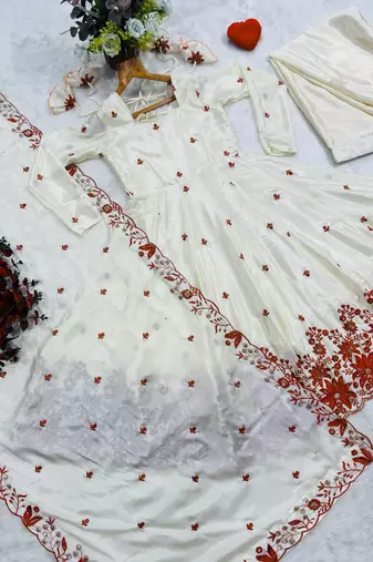 Off white silk blend party wear embroidery sharara suit set
