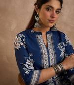 Floral Printed Mandarin Collar Mirror Work Straight Kurta With Palazzos