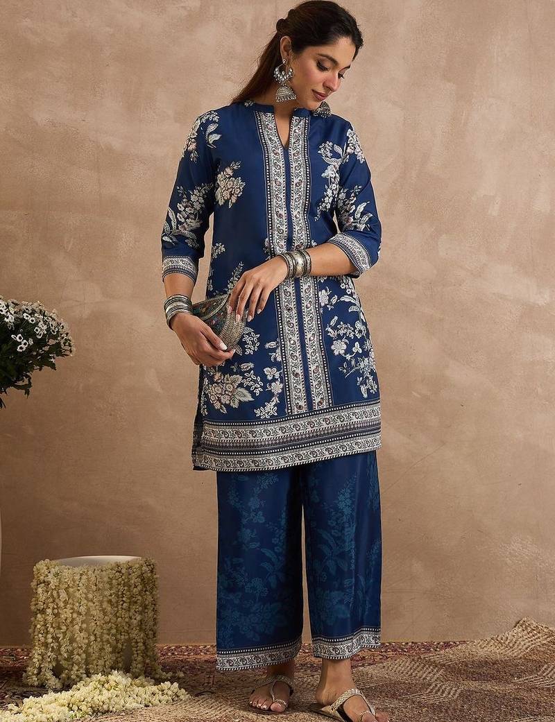 Floral Printed Mandarin Collar Mirror Work Straight Kurta With Palazzos