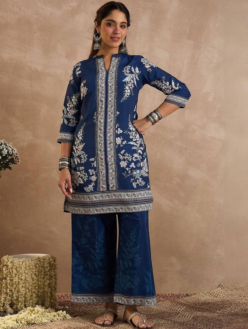Floral Printed Mandarin Collar Mirror Work Straight Kurta With Palazzos