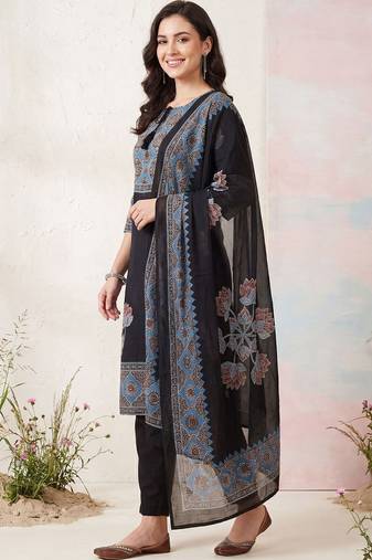 Women Ethnic Motifs Printed Regular Pure Cotton Kurta with Trousers & With Dupatta