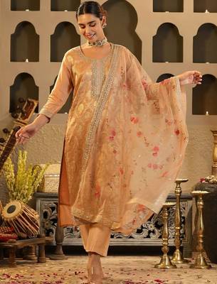 Ethnic Motifs Woven Design Zari Round Neck Straight Kurta & Trousers With Dupatta 1