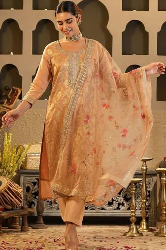 Ethnic Motifs Woven Design Zari Round Neck Straight Kurta & Trousers With Dupatta