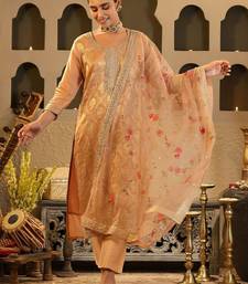 Ethnic Motifs Woven Design Zari Round Neck Straight Kurta & Trousers With Dupatta