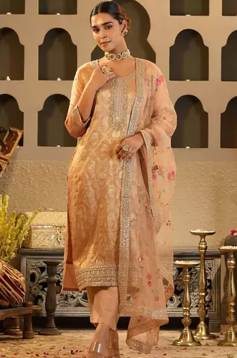 Ethnic Motifs Woven Design Zari Round Neck Straight Kurta & Trousers With Dupatta