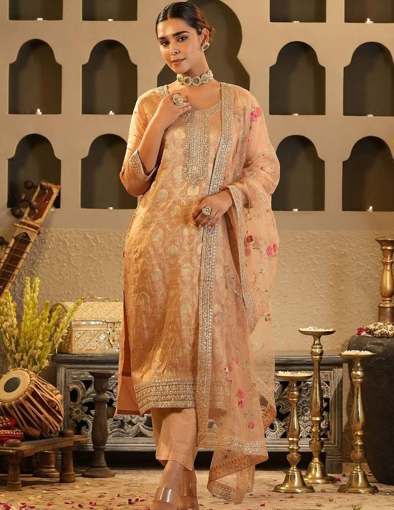 Ethnic Motifs Woven Design Zari Round Neck Straight Kurta & Trousers With Dupatta