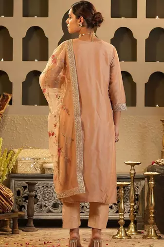 Ethnic Motifs Woven Design Zari Round Neck Straight Kurta & Trousers With Dupatta