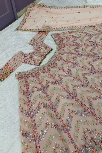 light peach georgette mirror work lehenga set