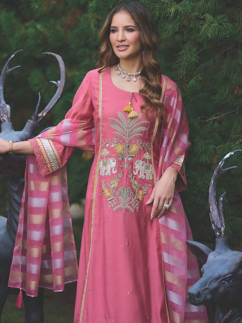 Women Animal Embroidered Regular Sequinned Kurta with Trousers & With Dupatta