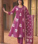 Women Floral Printed Regular Mirror Work Pure Cotton Kurta with Trousers & With Dupatta