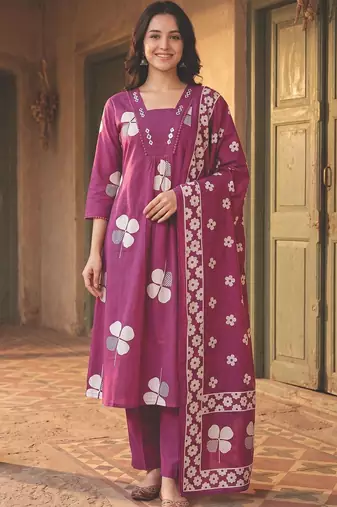 Women Floral Printed Regular Mirror Work Pure Cotton Kurta with Trousers & With Dupatta