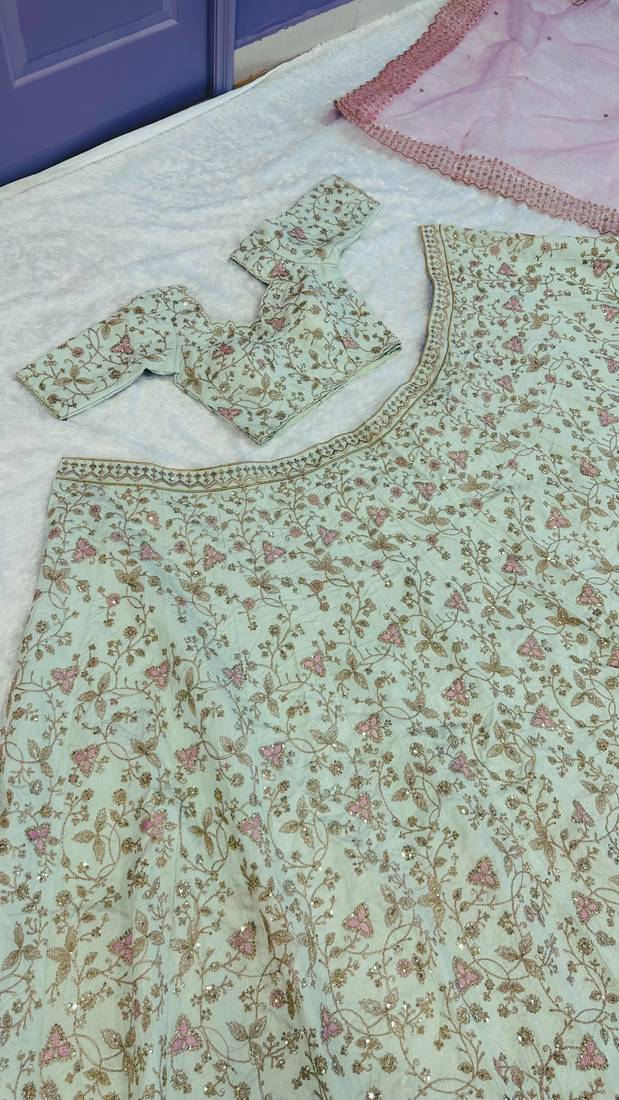 light olive sequins silk lehenga set