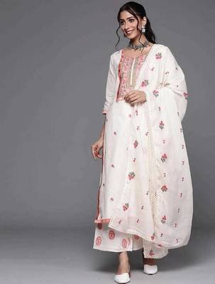 Floral Embroidered Thread Work  Cotton Kurta With Palazzos & Dupatta 1