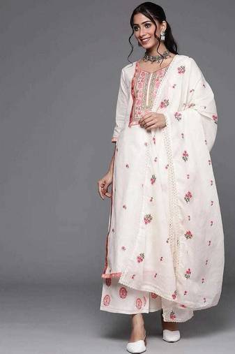 Floral Embroidered Thread Work  Cotton Kurta With Palazzos & Dupatta
