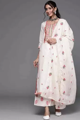 Floral Embroidered Thread Work  Cotton Kurta With Palazzos & Dupatta
