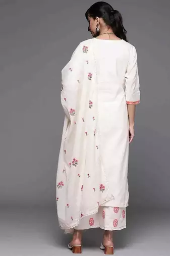 Floral Embroidered Thread Work  Cotton Kurta With Palazzos & Dupatta