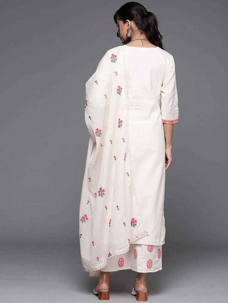 Floral Embroidered Thread Work  Cotton Kurta With Palazzos & Dupatta